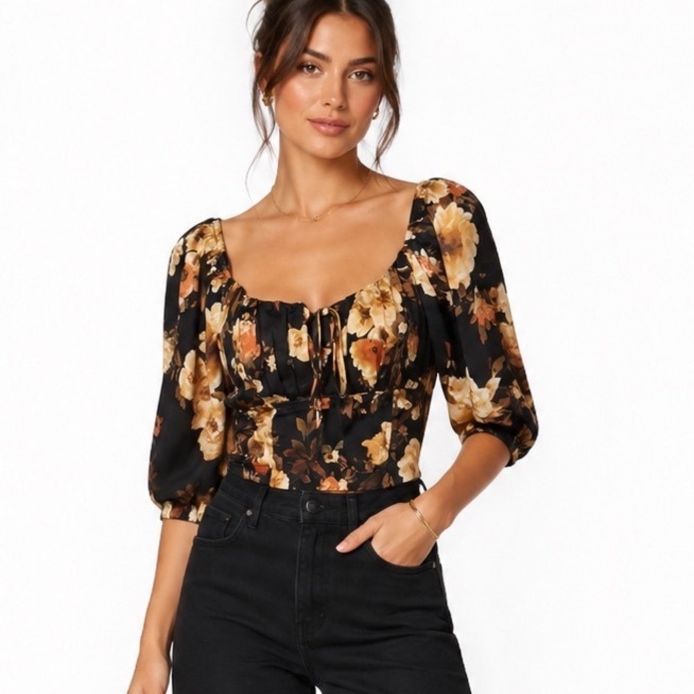 Blu Pepper Black Floral Puff Sleeve‎ Crop Top CR2131 size Small